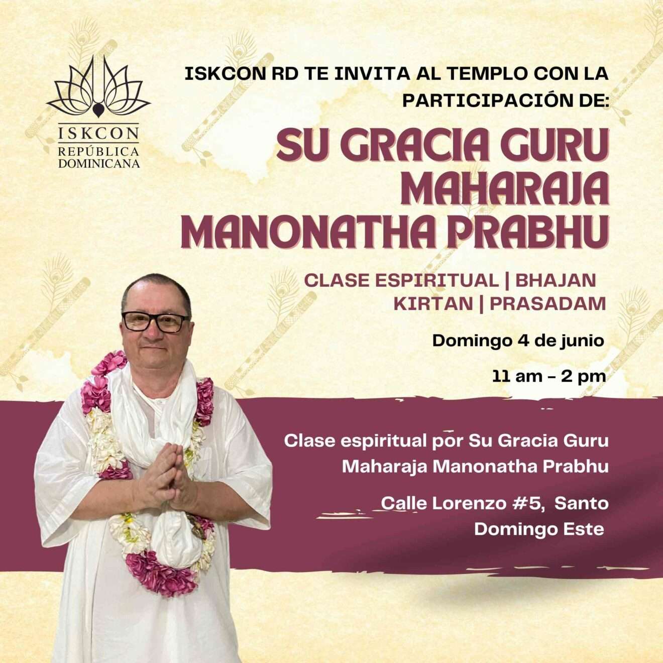 Guru Maharaja asistirá al templo el domingo 4 de junio